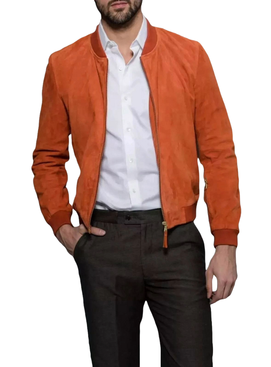 Men’s Orange Suede Bomber Jacket – Vintage Slim Fit Leather Outerwear for Streetwear & Casual Style