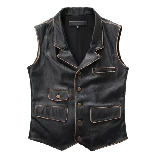 Men’s Black Distressed Leather Biker Vest – Real Motorcycle Riding Vest for Men | Vintage Sleeveless Moto Outerwear