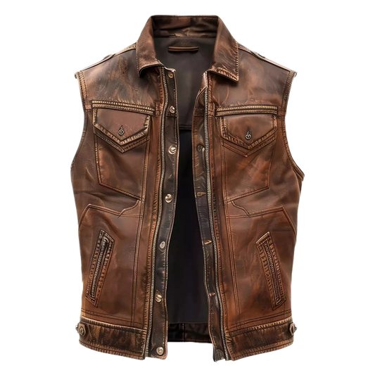 Men’s Brown Distressed Sheepskin Leather Biker Vest – Vintage Real Leather Motorcycle Riding Vest