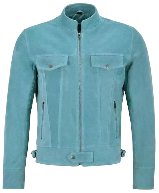 Men’s Blue Suede Leather Biker Jacket – 100% Genuine Motorcycle Coat, Retro Vintage Outerwear for Casual Streetwear Style