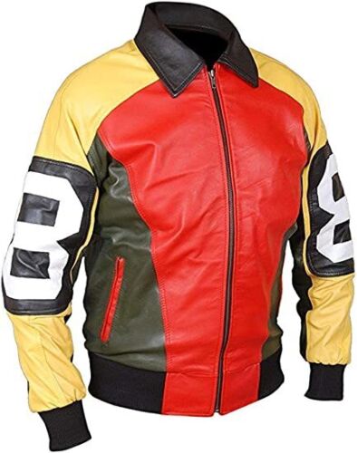 Men's 8 Ball Pointed Collar Bomber Letterman Synthetic Leather Jacket - Button Stitched