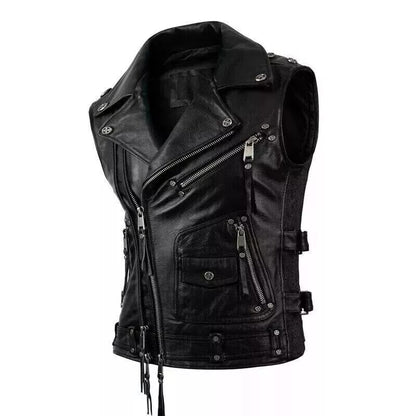 Men’s Vintage Leather Motorcycle Vest – Real Brown & Black Biker Riding Waistcoat, Western Moto Style Outerwear