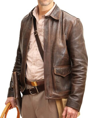 Classic Indiana Jones Vintage Brown Leather Jacket: Uncover the Adventure - Button Stitched