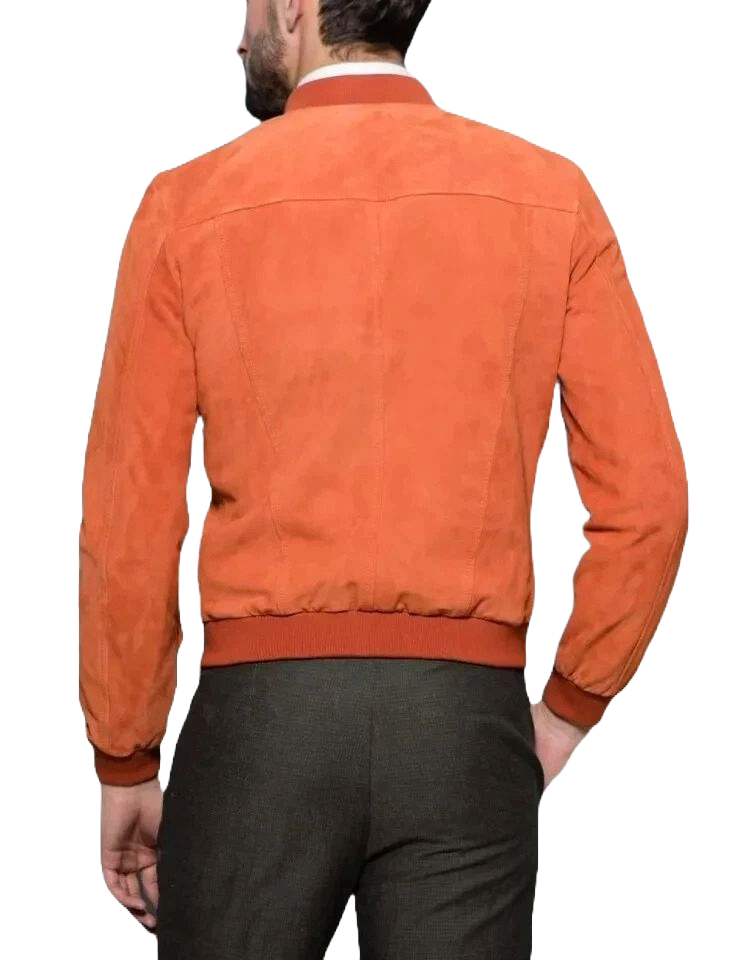 Men’s Orange Suede Bomber Jacket – Vintage Slim Fit Leather Outerwear for Streetwear & Casual Style