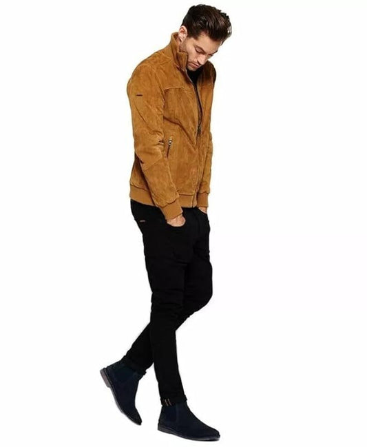 Men’s Tan Suede Leather Bomber Jacket – Real Soft Leather Biker Outerwear for Fall, Casual Streetwear & Vintage Style