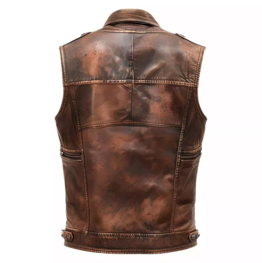Men’s Brown Distressed Sheepskin Leather Biker Vest – Vintage Real Leather Motorcycle Riding Vest