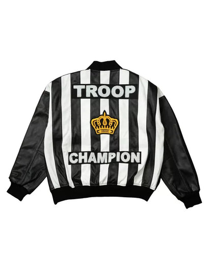 Men’s Troop Champion Leather Jacket – Black & White Retro Hip-Hop Streetwear Bomber