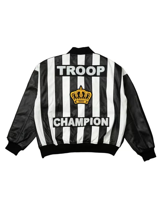 Men’s Troop Champion Leather Jacket – Black & White Retro Hip-Hop Streetwear Bomber