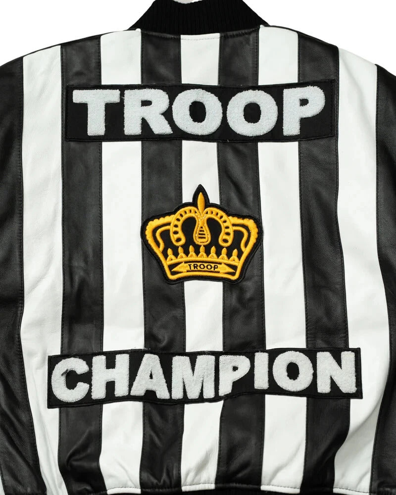 Men’s Troop Champion Leather Jacket – Black & White Retro Hip-Hop Streetwear Bomber