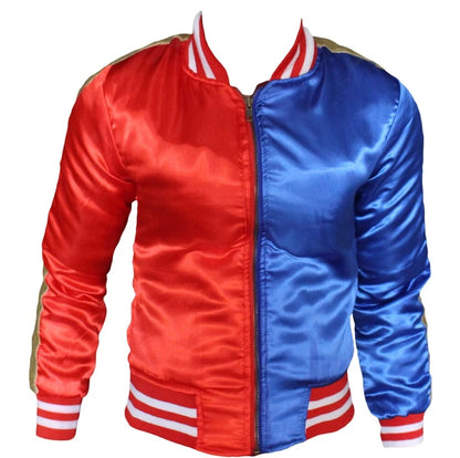 Women’s Harley Quinn Satin Cosplay Halloween Jacket – Suicide Squad & Birds of Prey Dual-Tone Bomber for Fans