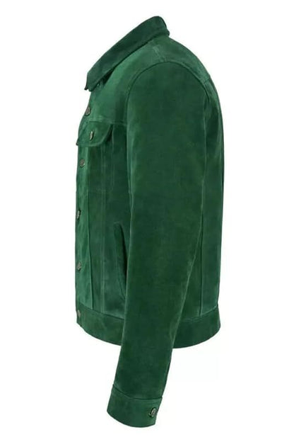 Men’s Green Suede Trucker Jacket – 100% Real Suede Leather Western Jean Style Outerwear for Casual Streetwear Fashion