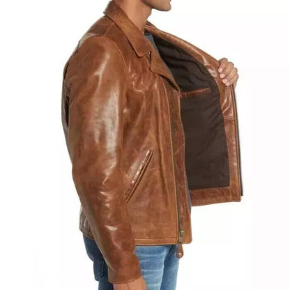 Men’s Tan Brown Lambskin Leather Biker Jacket – Brando Style Café Racer Motorcycle Riding Coat
