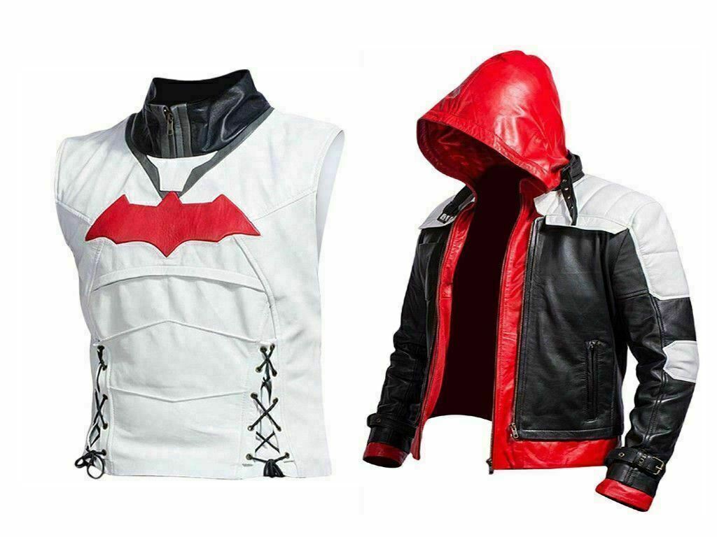 Powerful Red Hood Leather Jacket & Vest - Inspired by Batman Arkham Knight Game Costume - Button Stitched