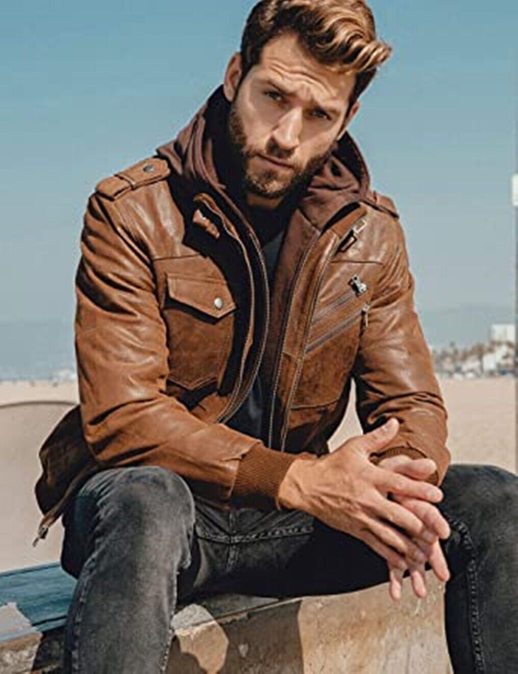 Ultimate Style and Comfort: Empowering Distressed Brown Detachable Hooded Jacket, Crafted from Luxurious Sheep Leather, Featuring a Dynamic Hooded Collar - Button Stitched