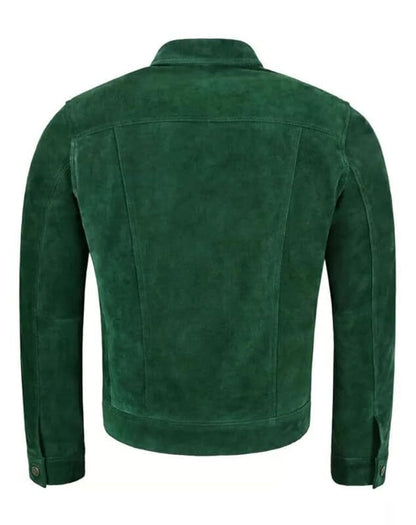 Men’s Green Suede Trucker Jacket – 100% Real Suede Leather Western Jean Style Outerwear for Casual Streetwear Fashion