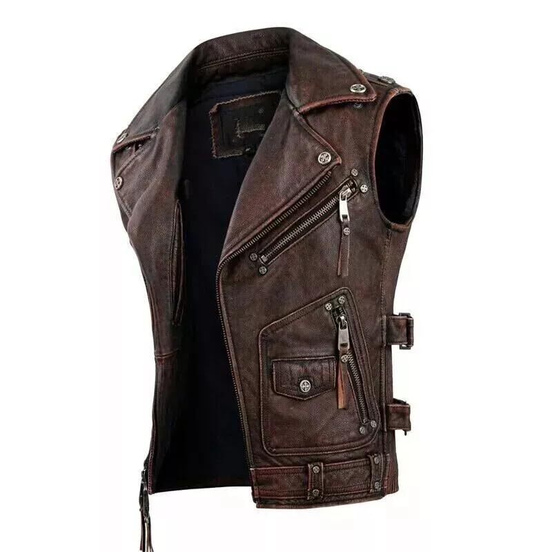 Men’s Vintage Leather Motorcycle Vest – Real Brown & Black Biker Riding Waistcoat, Western Moto Style Outerwear