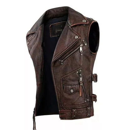 Men’s Vintage Leather Motorcycle Vest – Real Brown & Black Biker Riding Waistcoat, Western Moto Style Outerwear