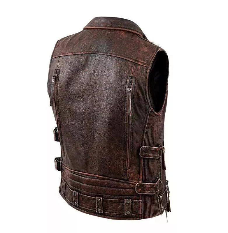 Men’s Vintage Leather Motorcycle Vest – Real Brown & Black Biker Riding Waistcoat, Western Moto Style Outerwear