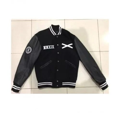 Men’s XO-Inspired Black Wool Varsity Bomber Jacket with Leather Sleeves | Weekend Letterman Streetwear Coat