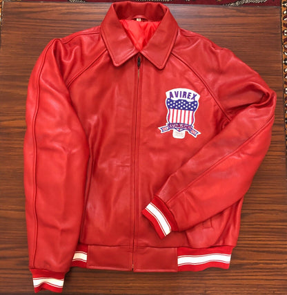 Premium Replica Red Flight Jacket: Men's Avirex-Inspired Leather Bomber - Button Stitched