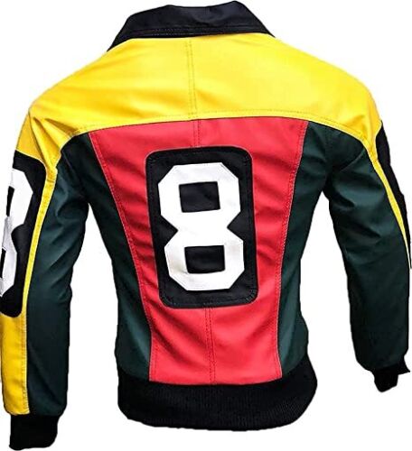 Men's 8 Ball Pointed Collar Bomber Letterman Synthetic Leather Jacket - Button Stitched