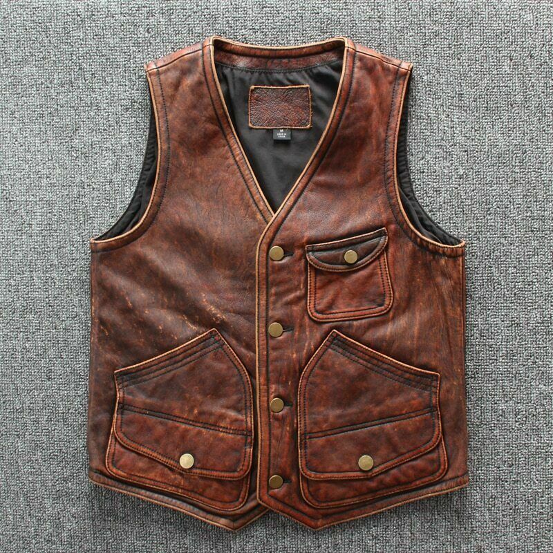Timeless Vintage Brown Biker Vest: Empowering Power Motorcycle Leather Jacket - Button Stitched