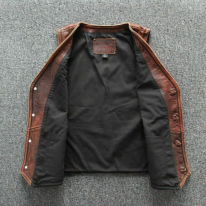 Timeless Vintage Brown Biker Vest: Empowering Power Motorcycle Leather Jacket - Button Stitched
