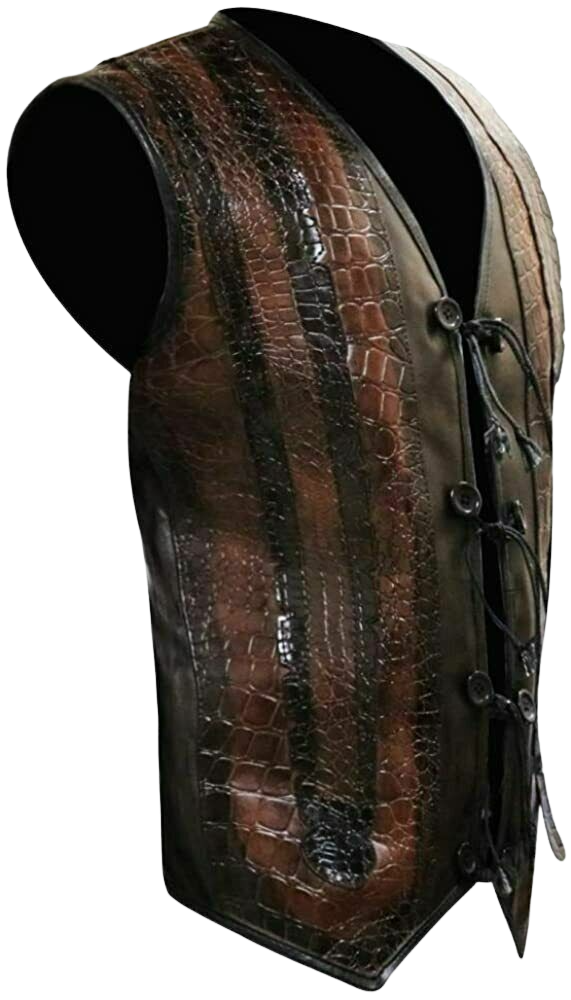 Men's Handmade Crocodile Pattern Dundee Mick Paul Hogan Brown Leather Vest Jacket | Vest for Men | Jacket for Men - Button Stitched