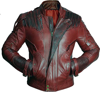 Handmade Galaxy Costume: Men's Guardians Inspired Distressed Red Maroon Leather Jacket - Button Stitched