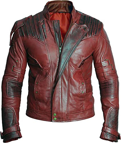 Handmade Galaxy Costume: Men's Guardians Inspired Distressed Red Maroon Leather Jacket - Button Stitched