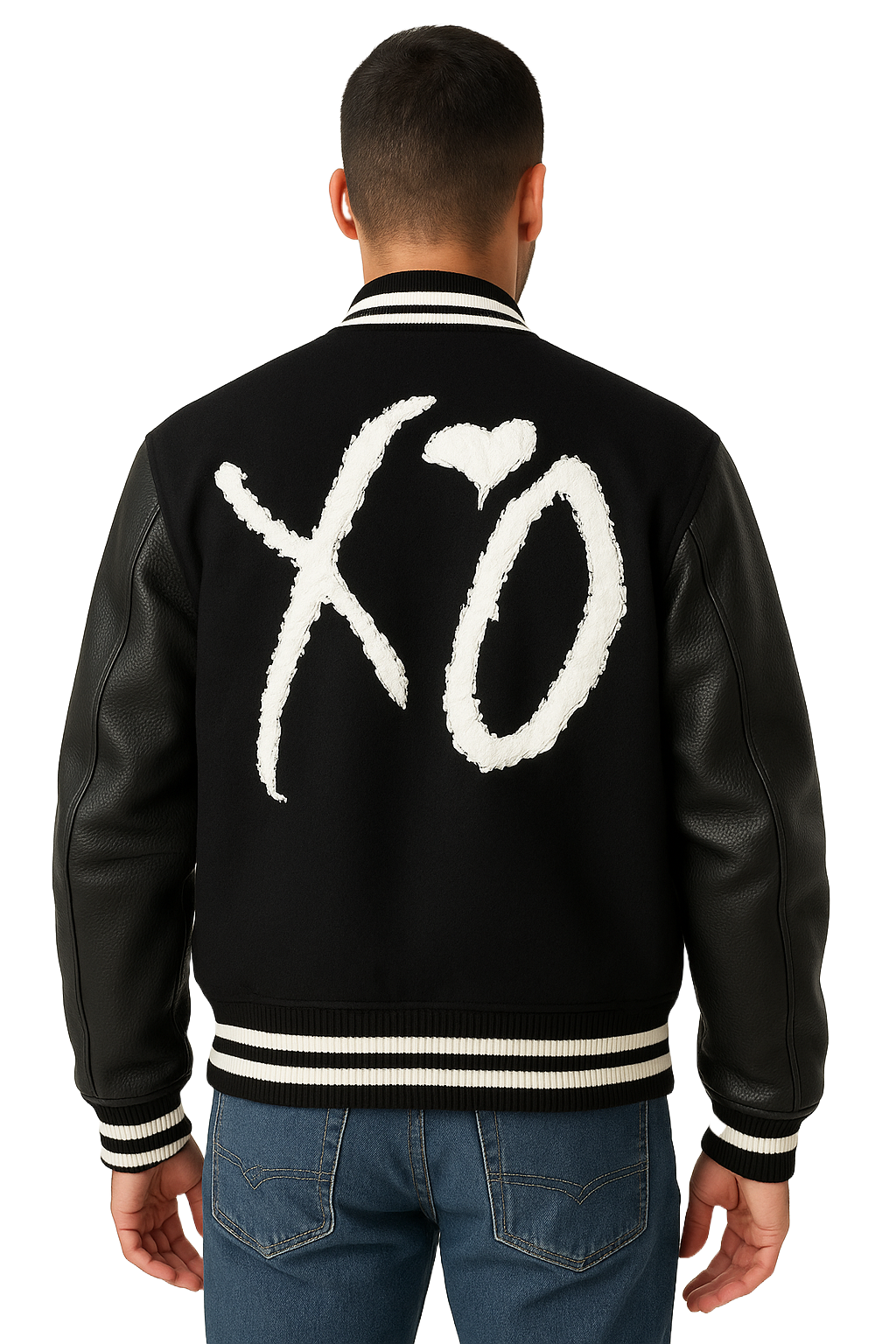 Men’s XO-Inspired Black Wool Varsity Bomber Jacket with Leather Sleeves | Weekend Letterman Streetwear Coat