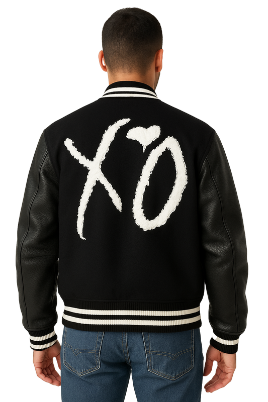 Men’s XO-Inspired Black Wool Varsity Bomber Jacket with Leather Sleeves | Weekend Letterman Streetwear Coat