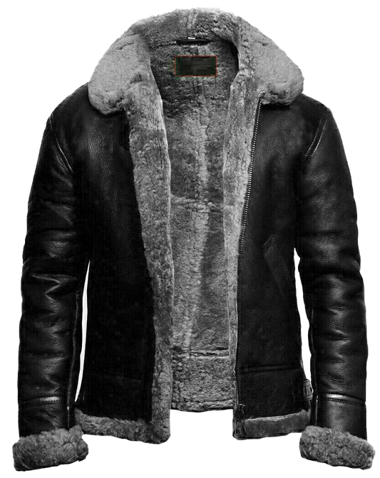 Men's RAF Aviator B3 Flying Bomber Sheep Skin Real Leather Jacket Black Grey - Button Stitched