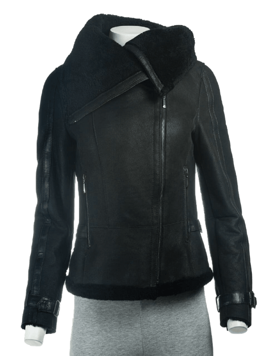 Women's B3 Black Shearling Oversized Collar Jacket | Womens Faux Sherling B3 Black Leather Jacket - Button Stitched