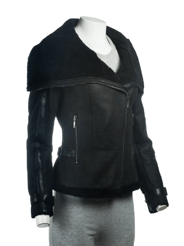 Women's B3 Black Shearling Oversized Collar Jacket | Womens Faux Sherling B3 Black Leather Jacket - Button Stitched
