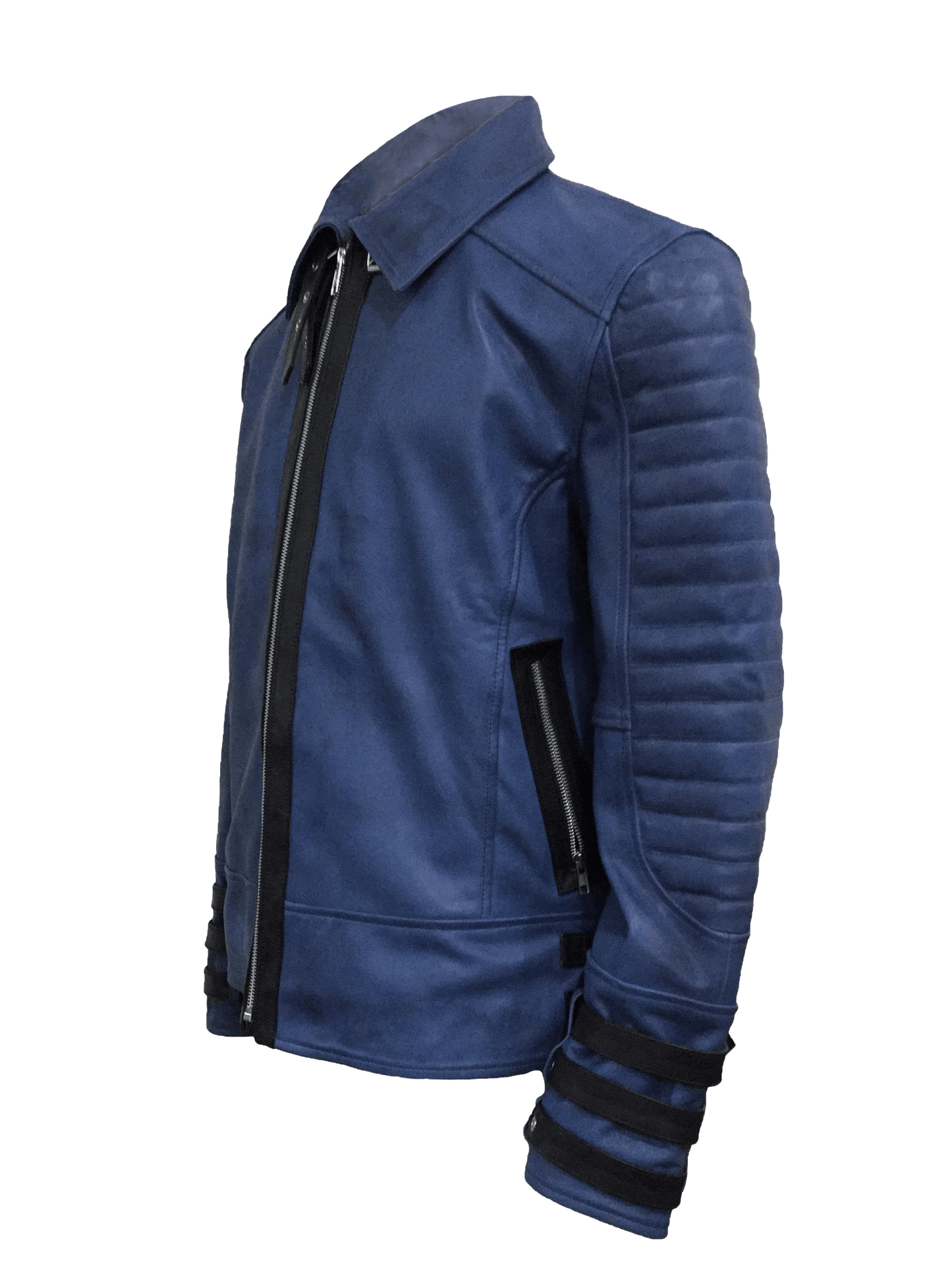 Men's Blue Quilted Style Point Collar Jacket | Mens Blue Quilted Style Leather Jacket - Button Stitched