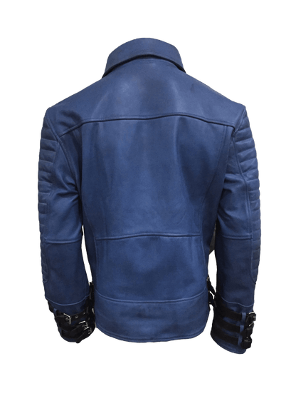 Men's Blue Quilted Style Point Collar Jacket | Mens Blue Quilted Style Leather Jacket - Button Stitched
