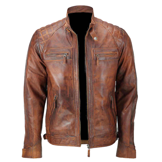 Men's Biker Quilted Vintage Distressed Brown Moto Cafe Racer Leather Jacket | Men's Biker Quilted Vintage Brown Moto Cafe Leather Jacket - Button Stitched