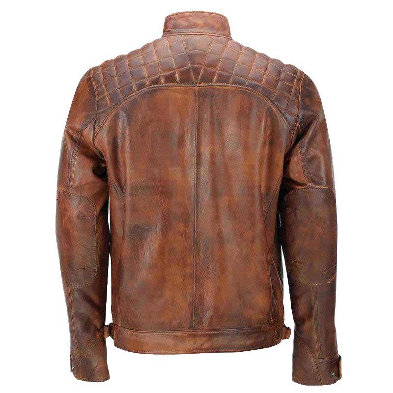 Men's Biker Quilted Vintage Distressed Brown Moto Cafe Racer Leather Jacket | Men's Biker Quilted Vintage Brown Moto Cafe Leather Jacket - Button Stitched