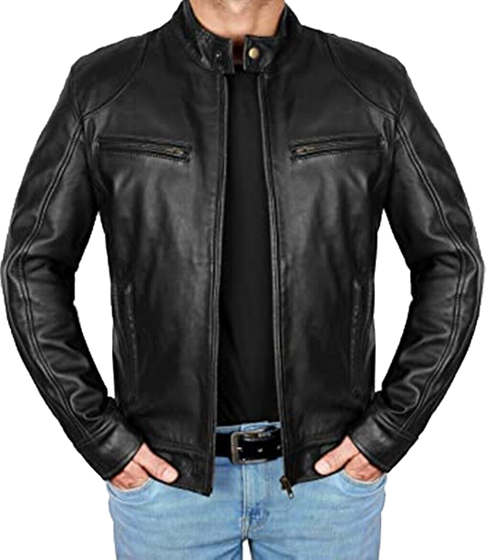 Mens Black Cafe Racer Brando Vintage Motorcycle Retro Biker Leather Jacket - Button Stitched