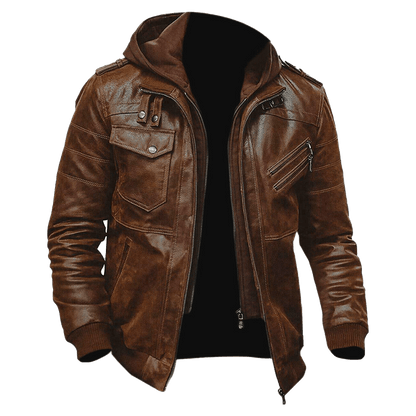 Men Brown Leather Motorcycle Jacket with Removable Hood | Mens Bown Leather Moto Jacket with Removable Hood - Button Stitched