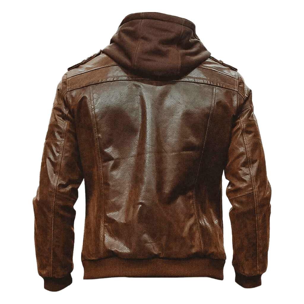 Men Brown Leather Motorcycle Jacket with Removable Hood | Mens Bown Leather Moto Jacket with Removable Hood - Button Stitched