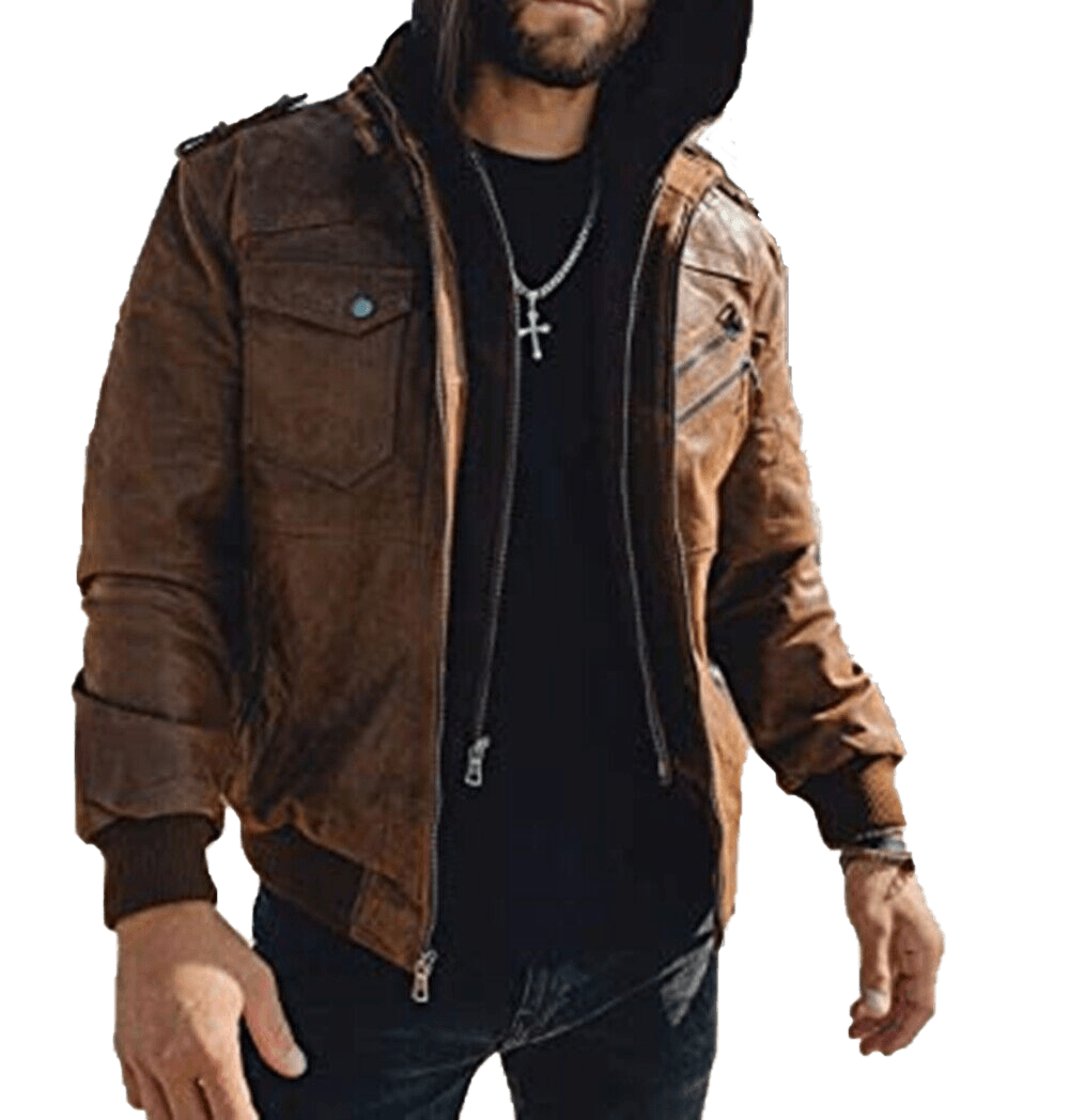Men Brown Leather Motorcycle Jacket with Removable Hood | Mens Bown Leather Moto Jacket with Removable Hood - Button Stitched