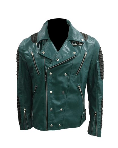 Cafe Racer Quilted Style Cyan Leather Jacket | Mens Quilted Cyan Leather Jacket - Button Stitched