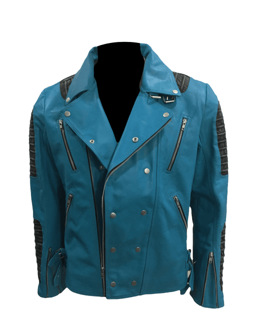 Cafe Racer Quilted Style Blue Leather Jacket | Mens Quilted Cafe Racer Leather Jacket - Button Stitched
