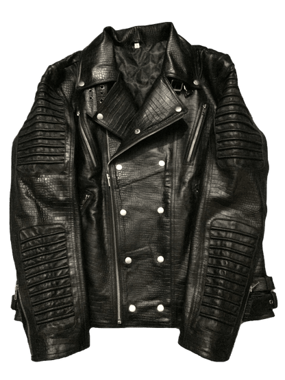 Cafe Racer Crocodile Style Black Leather Jacket | Men Cafe Racer Crocodile Style Leathe Jacket - Button Stitched