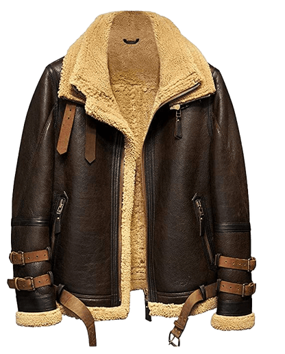 Men's Dunkirk Tom Hardy B3 Raf Real Sheepskin Sherling Brown Leather Jacket - Button Stitched