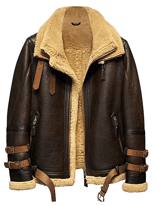 Men's Dunkirk Tom Hardy B3 Raf Real Sheepskin Sherling Brown Leather Jacket - Button Stitched