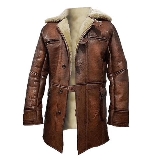 Men’s Waxed Brown Genuine Leather Artificial Fur Coat Jacket | Mens Faux Sherling Brown Leather Jacket - Button Stitched