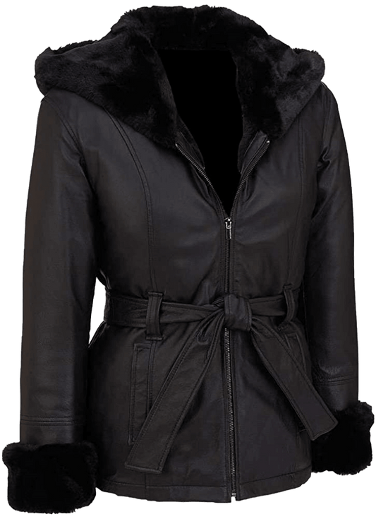 Women’s Furry Genuine Black Leather Faux Fur Coat With Hoodie | Womens Black Leather Jacket Faux Fur Sherling Coat - Button Stitched